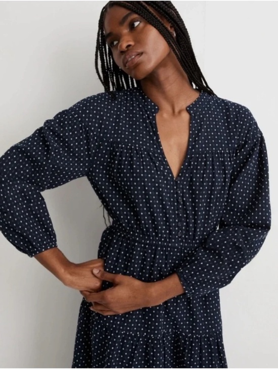Madewell Dresses & Skirts - Madewell navy blue long sleeve midi dress with white polka dots